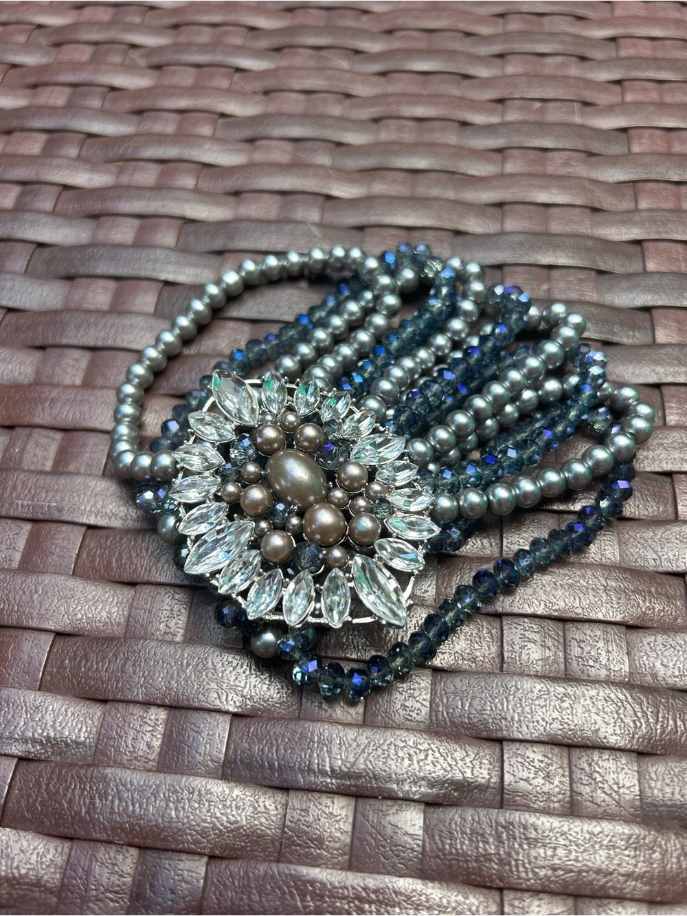 Crystal and Pearl Multi-Strand Stretch bracelet - Grey and blues